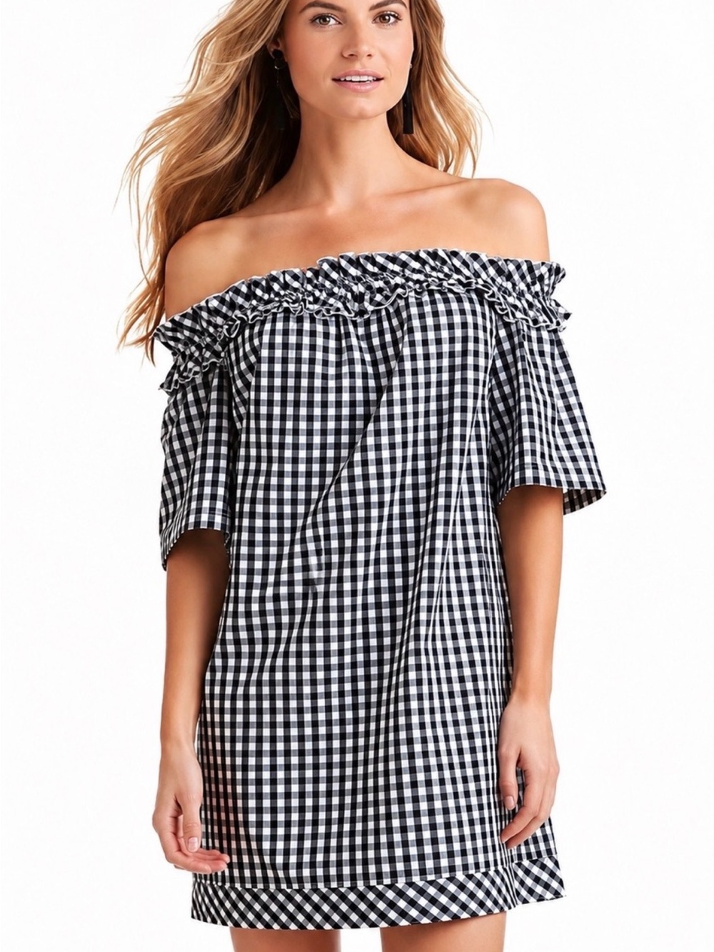 Vineyard Vines Black & White Gingham Off-The-Shoulder Ruffle Dress NWOT Medium